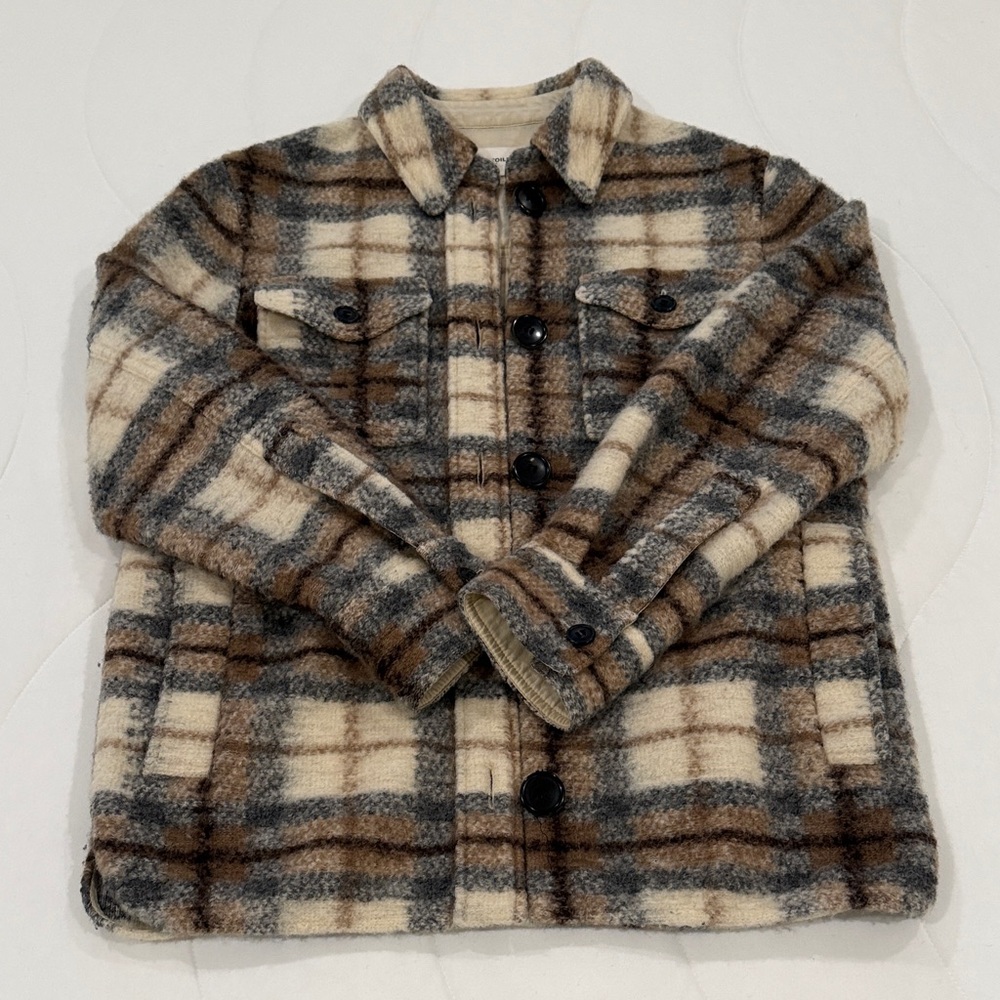 Isabel Marant Wool Plaid Shacket in Brown and Cream